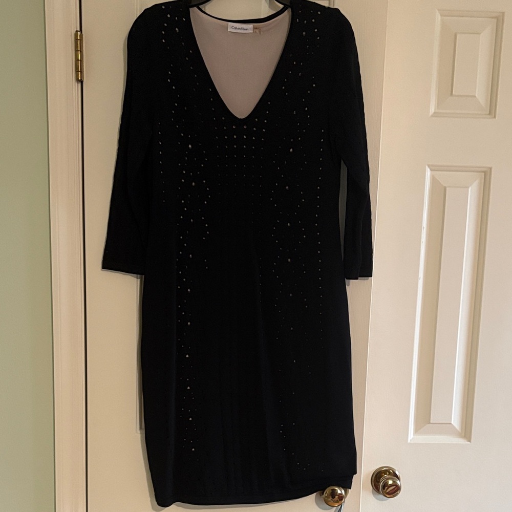Calvin Klein Black V-Neck Three-Quarter Sleeve Dress with Details